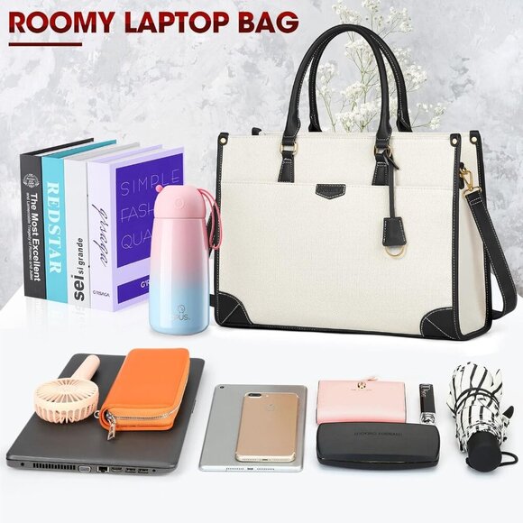 Laptop Bag for Women 15.6 Inch, Waterproof Canvas Work Tote Shoulder Bag - Picture 9 of 9